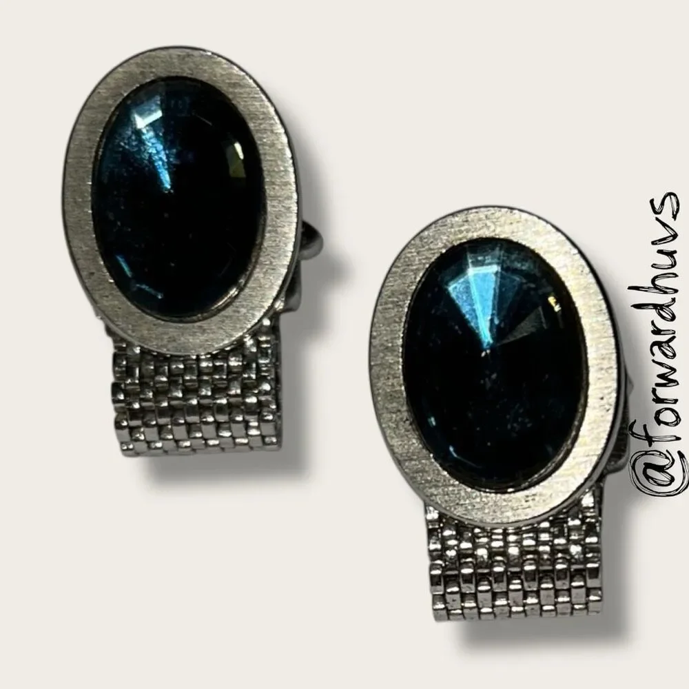 Vintage Silver-Tone Mesh Cufflinks – Faceted Blue Glass Stones
